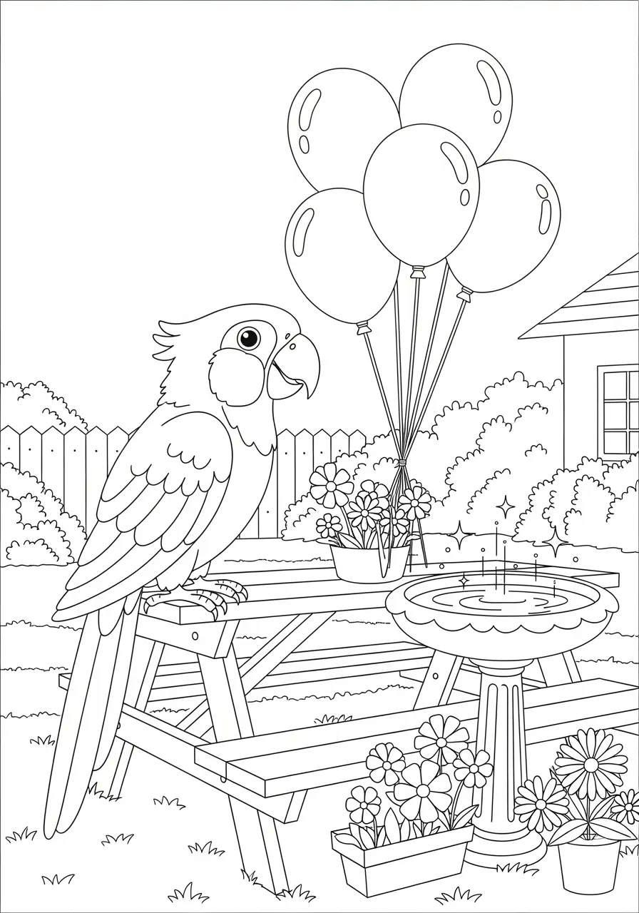 Parrot Garden Party Coloring Page