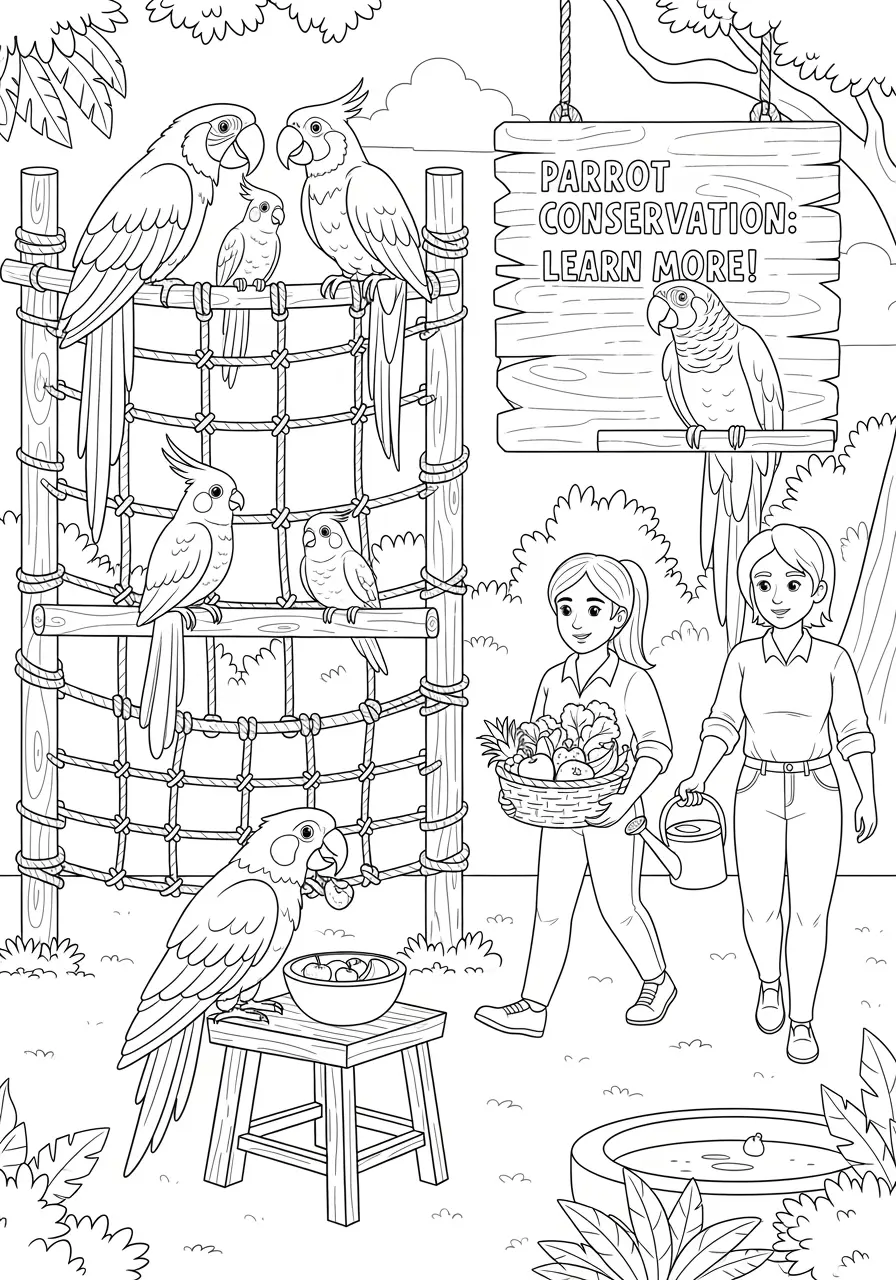 Parrots at Sanctuary Coloring Page