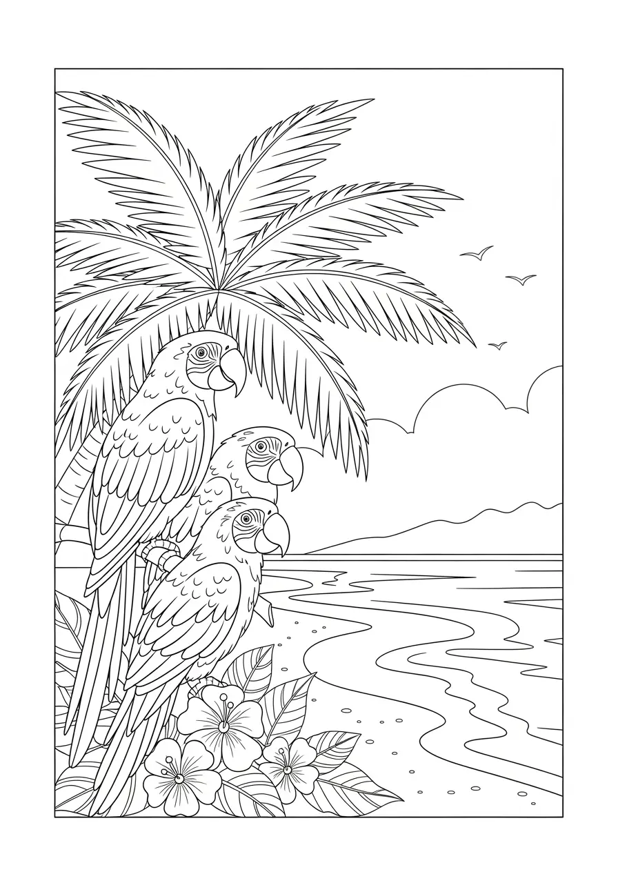 Parrots in Palm Tree Coloring Page