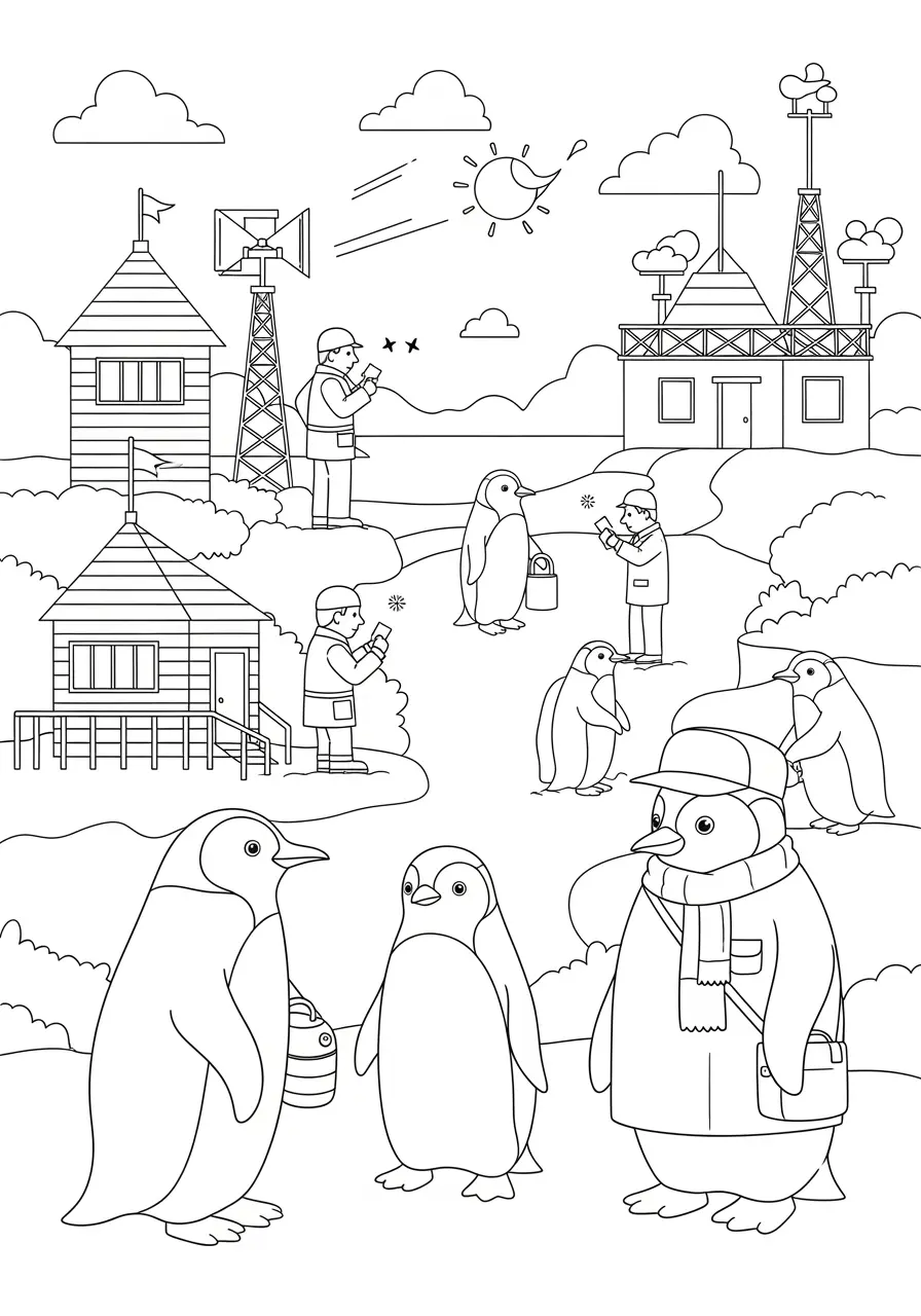 Penguin Research Station Coloring Page