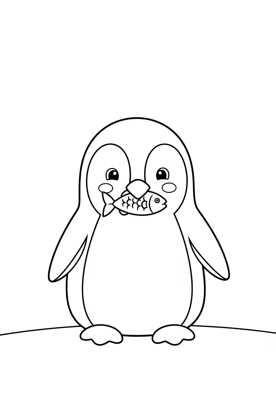 Penguin With Fish Coloring Page