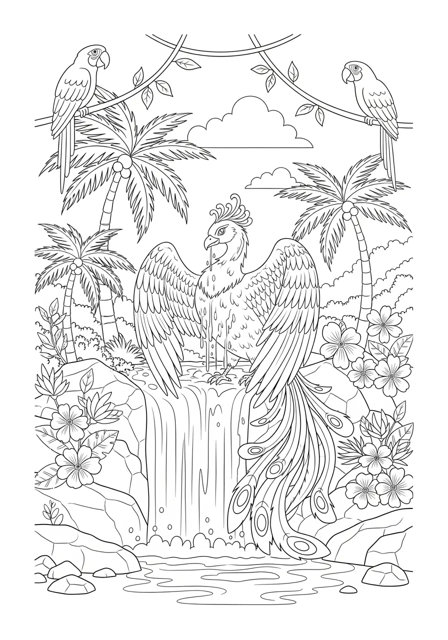 Phoenix Waterfall Paradise Coloring Page