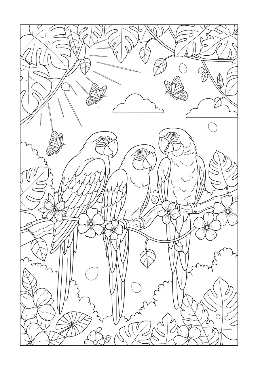 Rainforest Parrot Family Coloring Page