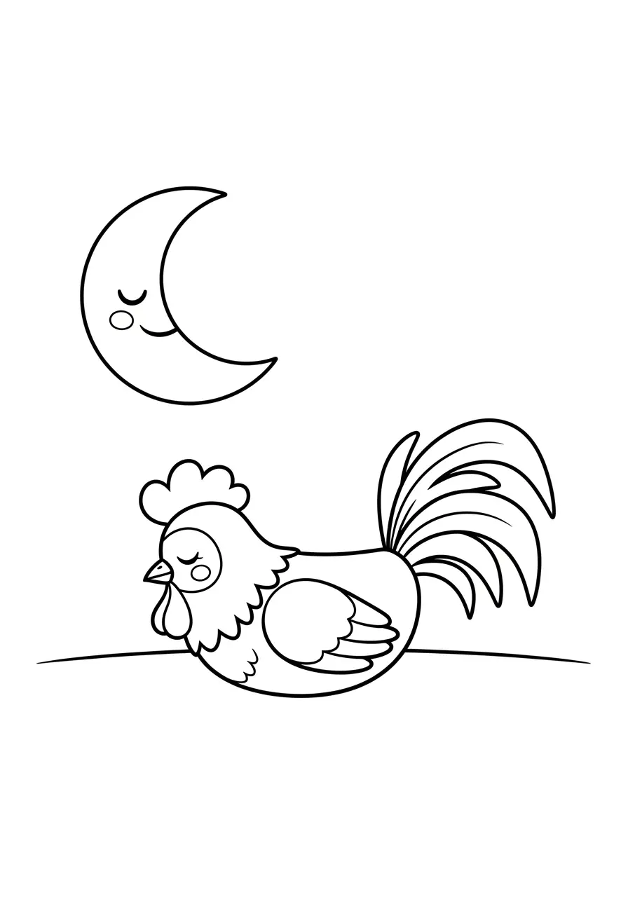 Rooster and Moon Coloring Page