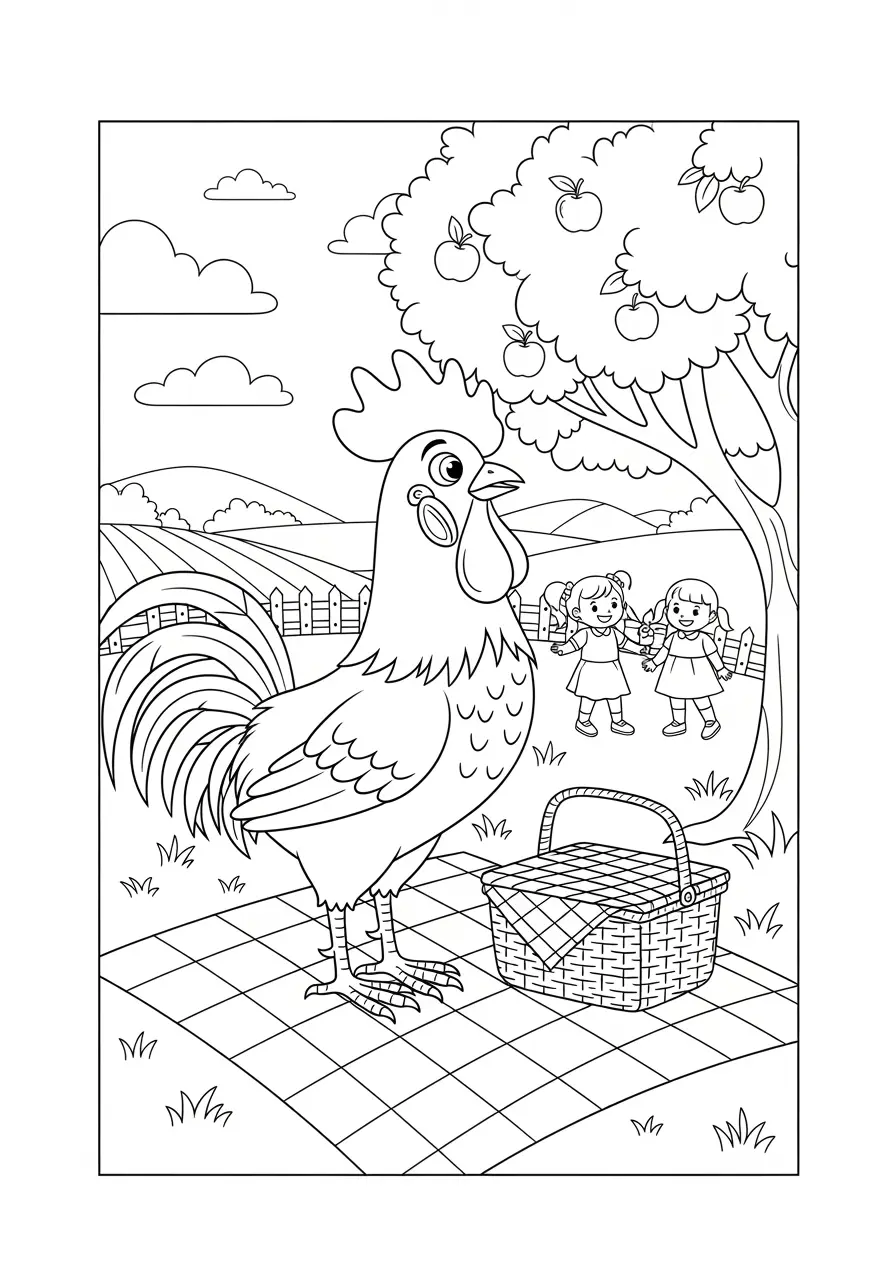Rooster Picnic Coloring Page