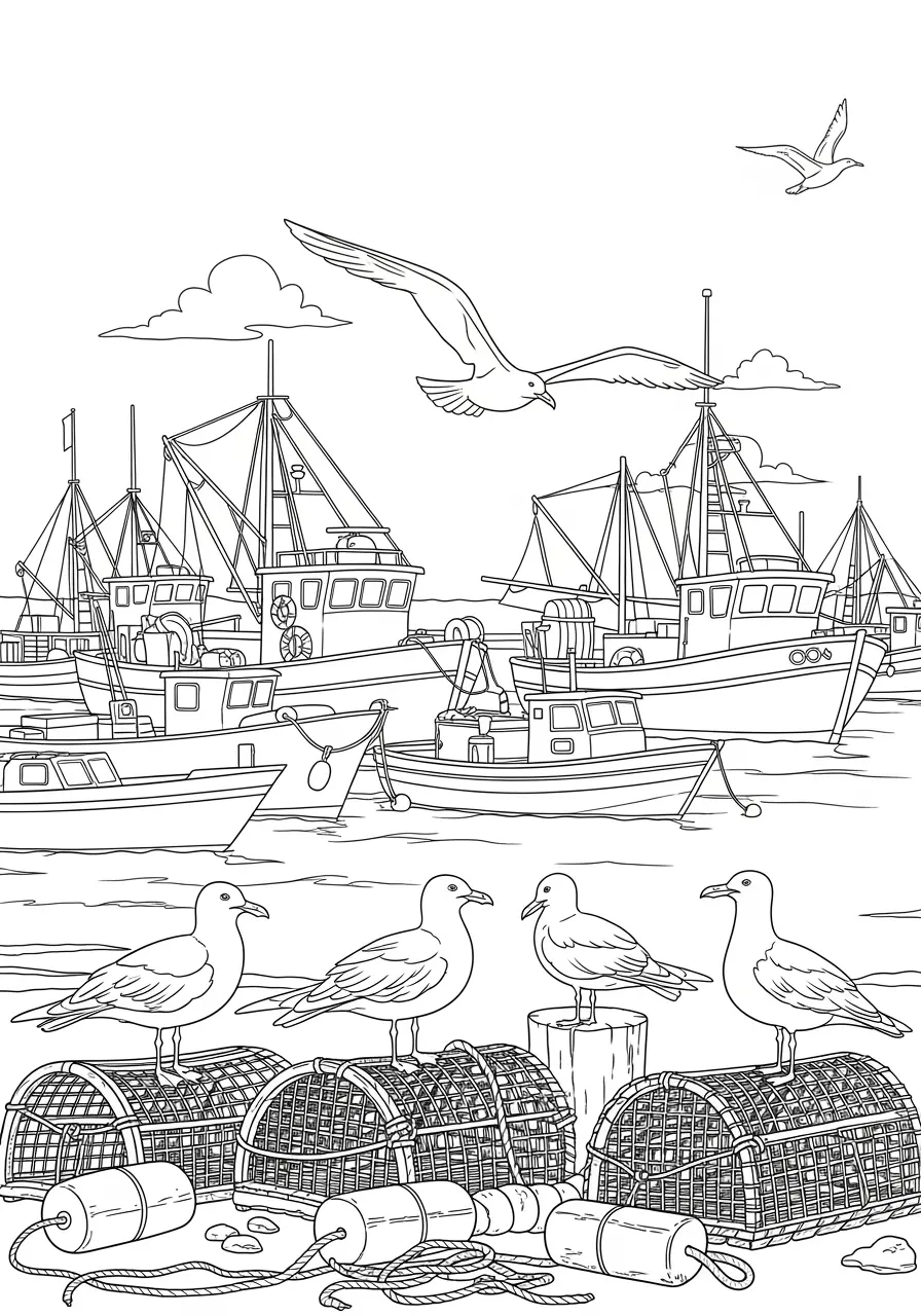 Seagull Harbor Scene Coloring Page