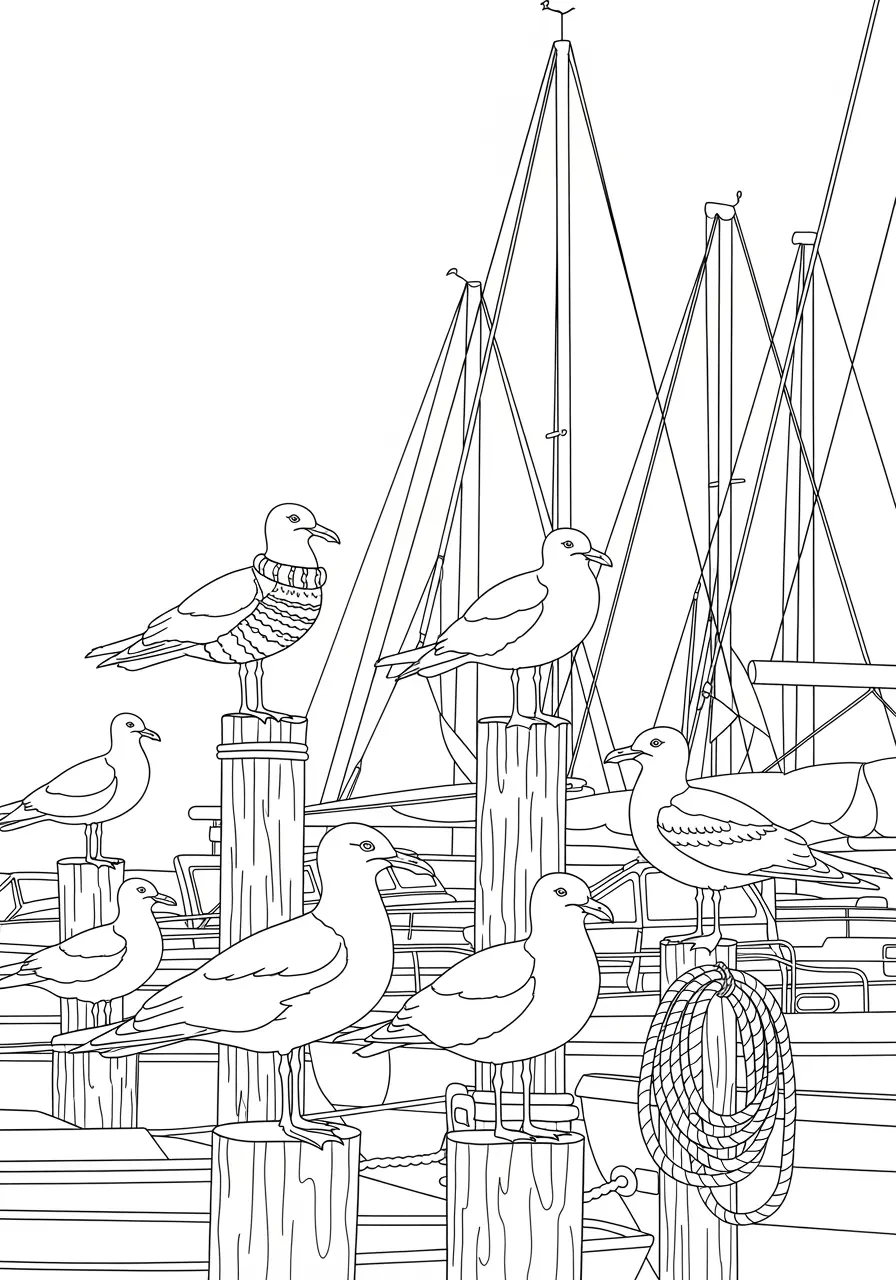 Seagulls at Marina Coloring Page