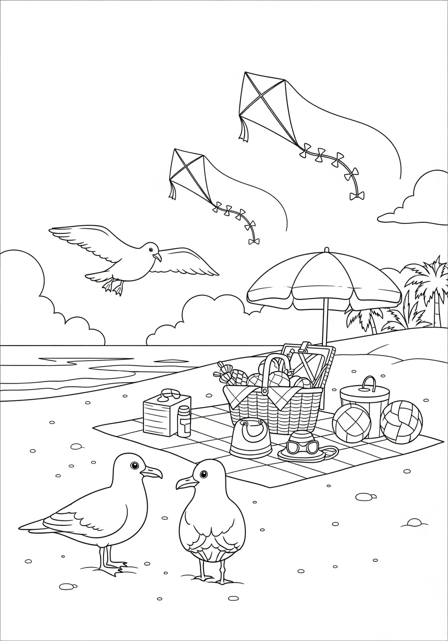 Seagulls at Picnic Coloring Page