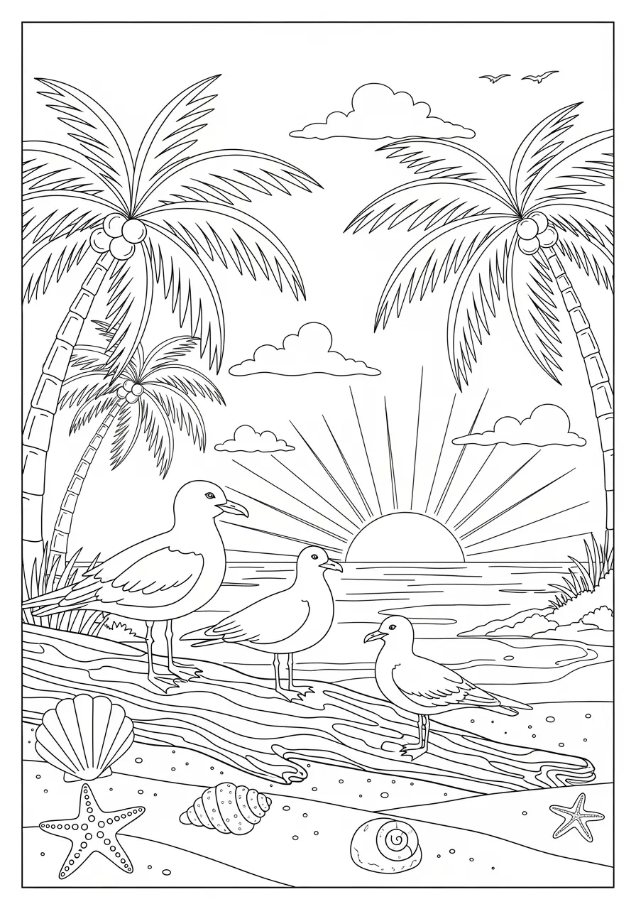 Seagulls at Sunset Coloring Page