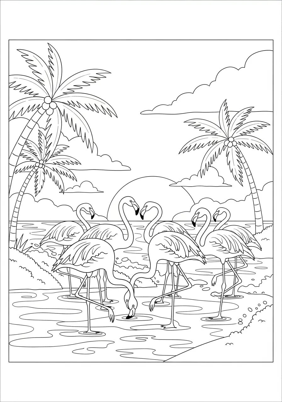 Sonnenuntergangs-Versammlung Flamingo-Ausmalbild