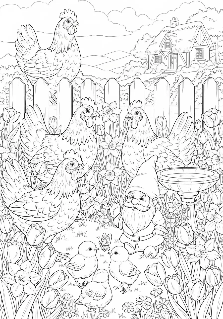 Spring Garden Chicken Coloring Page