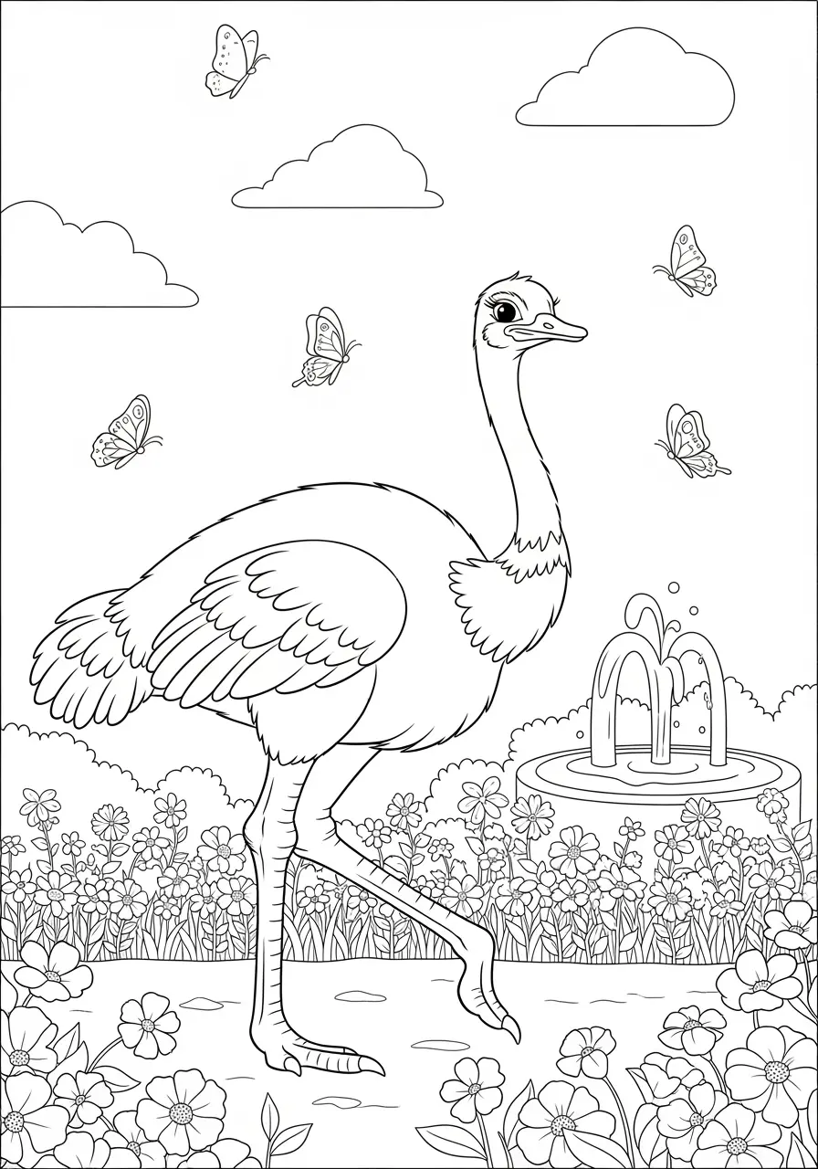 Spring Ostrich Garden Coloring Page
