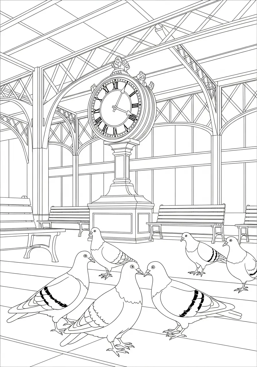 Train Station Pigeons Coloring Page