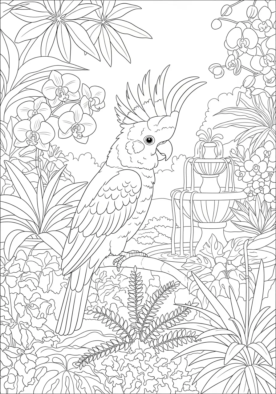 Tropical Garden Cockatoo Coloring Page