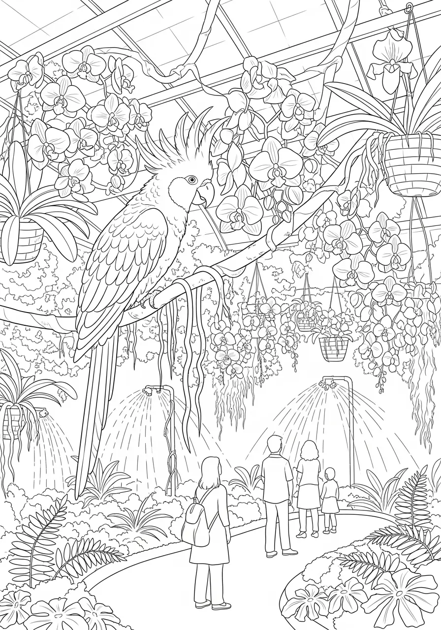Tropical Greenhouse Parrot Coloring Page
