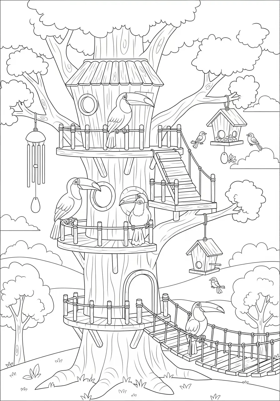 Tukan-Baumhaus-Abenteuer-Ausmalbild