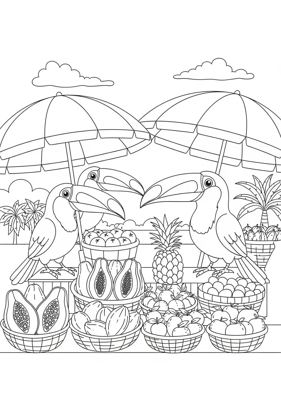 Tukan-Fruchtmarkt-Ausmalbild
