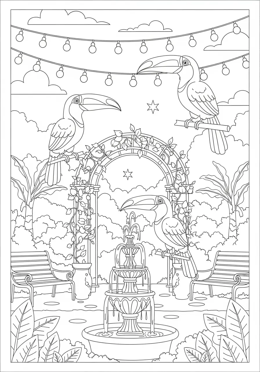 Tukan-Gartenparty-Ausmalbild
