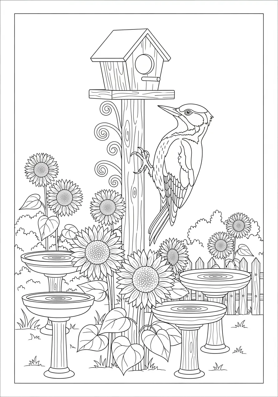 Woodpecker Garden Coloring Page